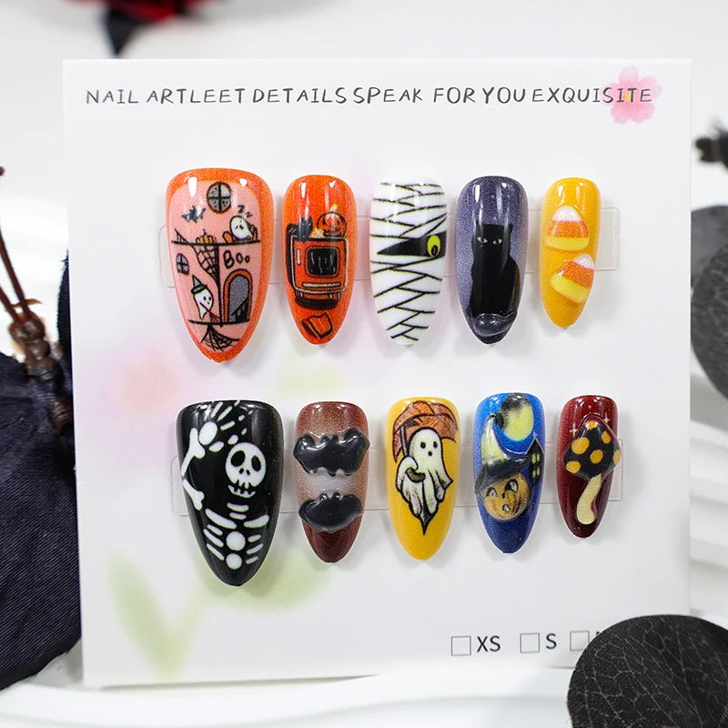Press-On Nail Set Handmade Spooky Halloween Designs Easy Application