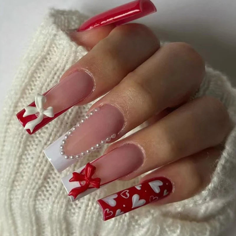 Press-On Nail Set Heart & Bow Design Self-Adhesive