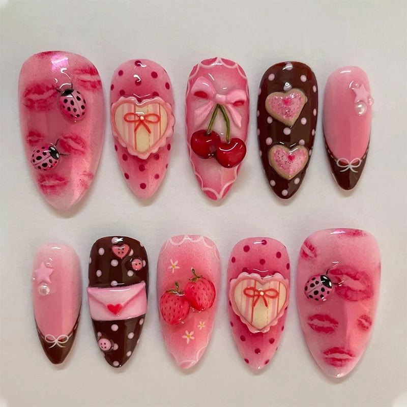 Press-On Nail Set Heart & Ladybug Designs Easy Application