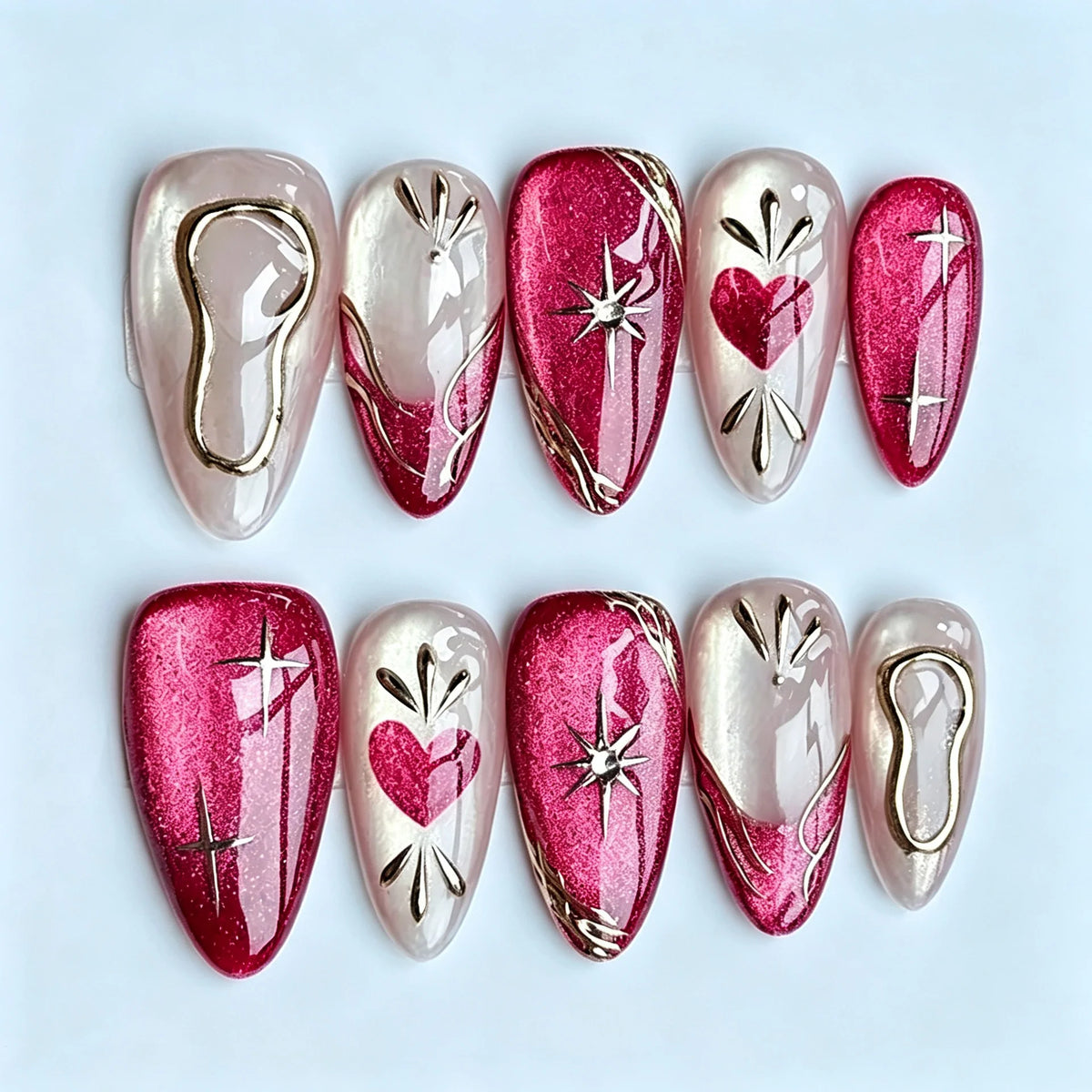 Press-On Nail Set Heart & Star Designs Pre-Applied Adhesive