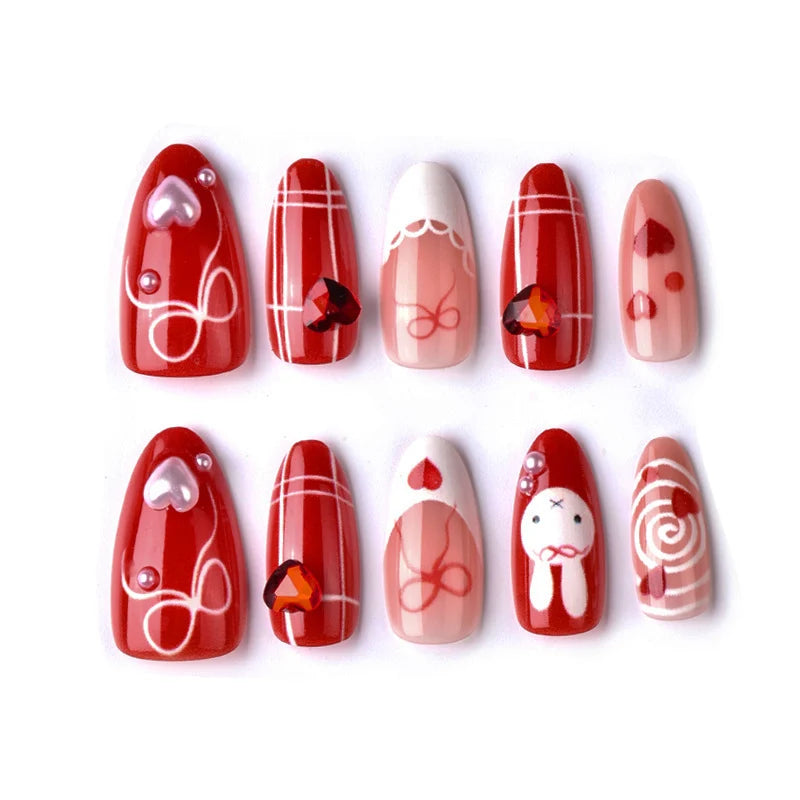 Press-On Nail Set Hearts & Ribbons Easy Application