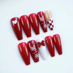 Press-On Nail Set Holiday Red Snowflake & Bow Designs