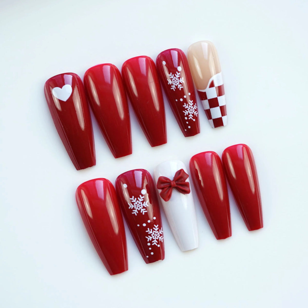 Press-On Nail Set Holiday Red Snowflake & Bow Designs
