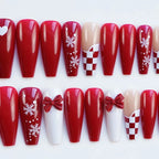 Press-On Nail Set Holiday Red Snowflake & Bow Designs