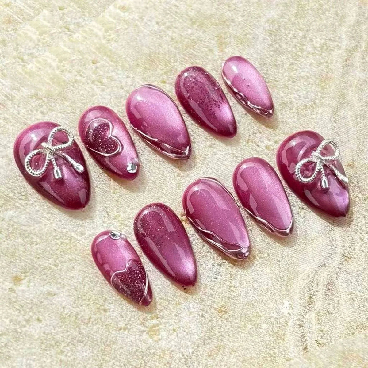 Press-On Nail Set Intricate Bow & Rhinestone