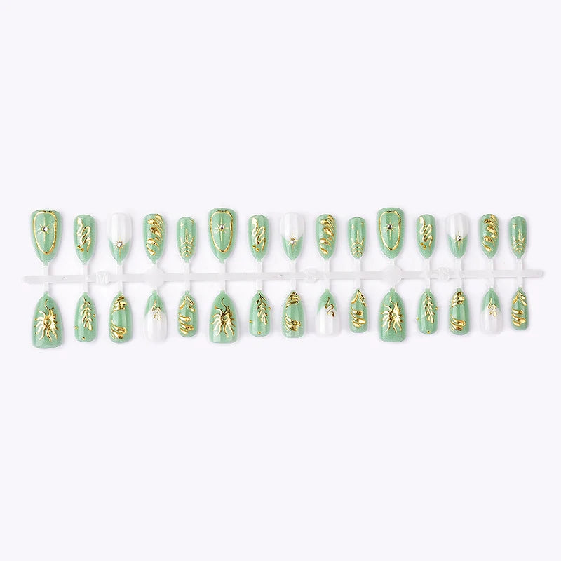 Press-On Nail Set Metallic Patterns Easy Application & Reusable