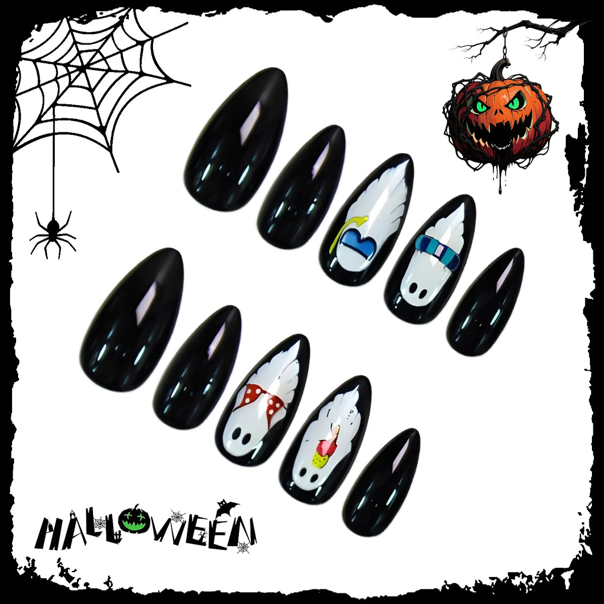 Press-On Nail Set Playful Ghost Designs Multiple Sizes Long-Lasting