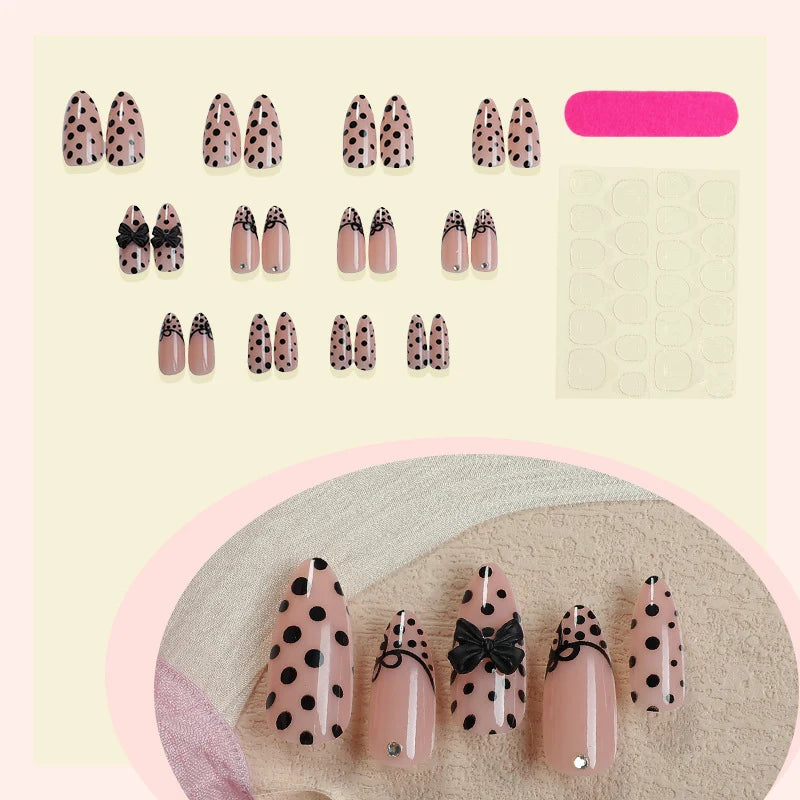 Press-On Nail Set Polka Dot & Bow Sizes Included