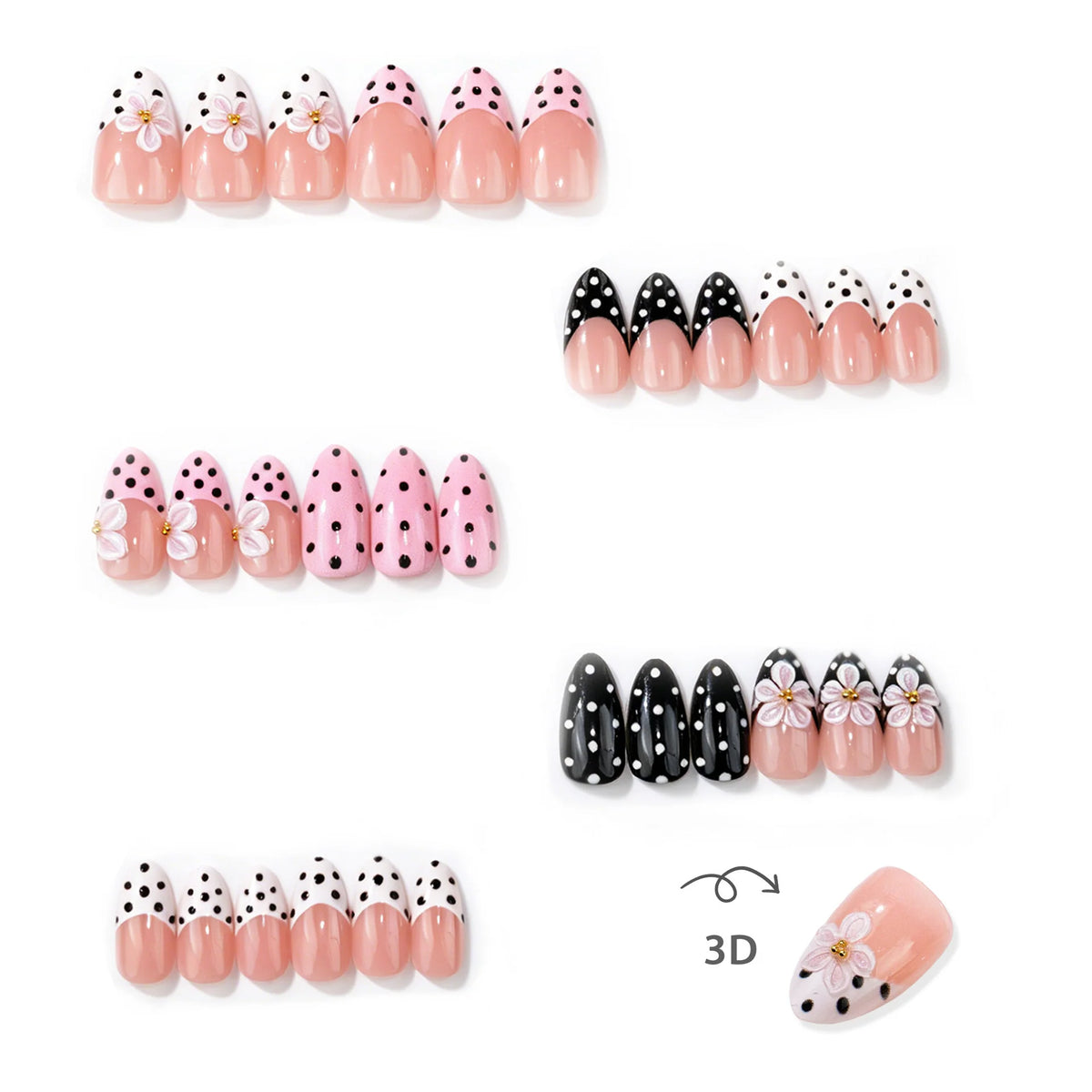 Press-On Nail Set Polka Dot Designs Multiple Sizes