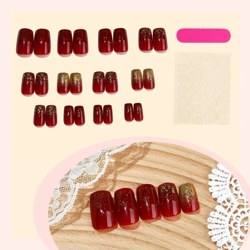 Press-On Nail Set Red Glitter Self-Adhesive Multiple Sizes