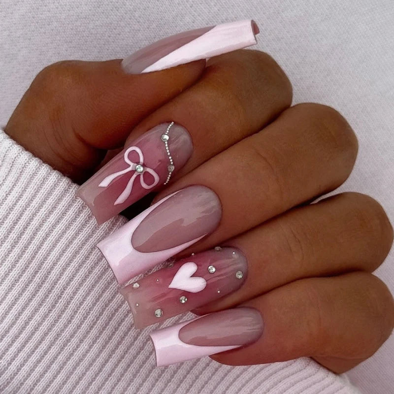 Press-On Nail Set Reusable Rhinestones & Bows