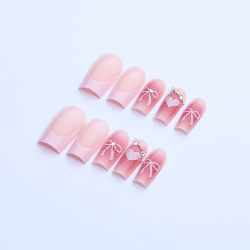 Press-On Nail Set Reusable Rhinestones & Bows