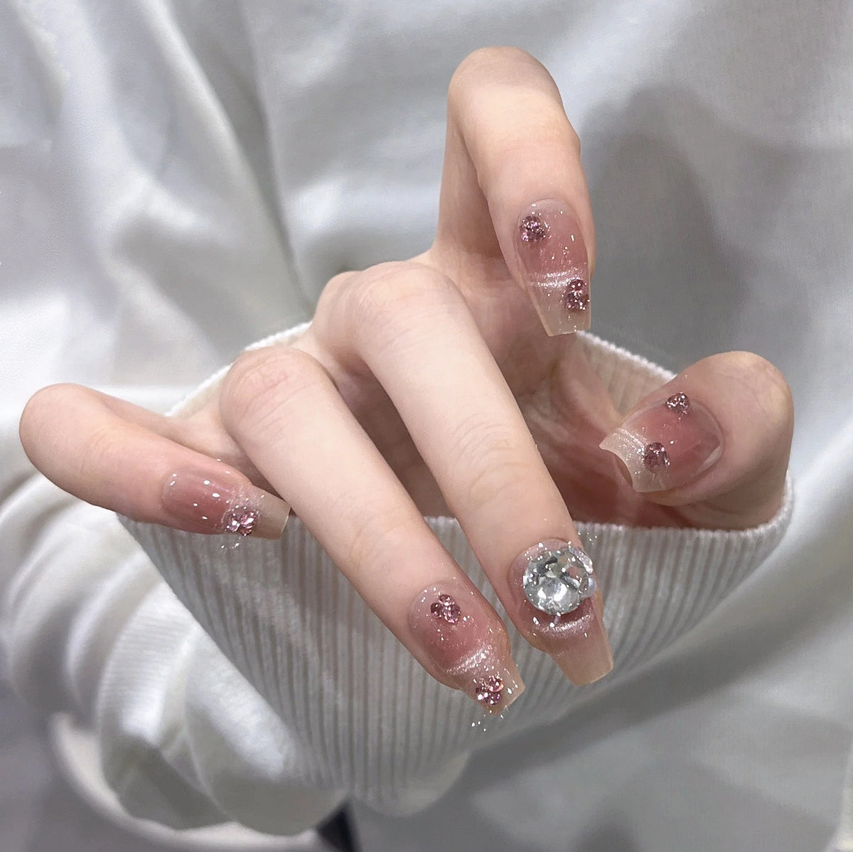Press-On Nail Set Rhinestone Embellished Glossy Reusable