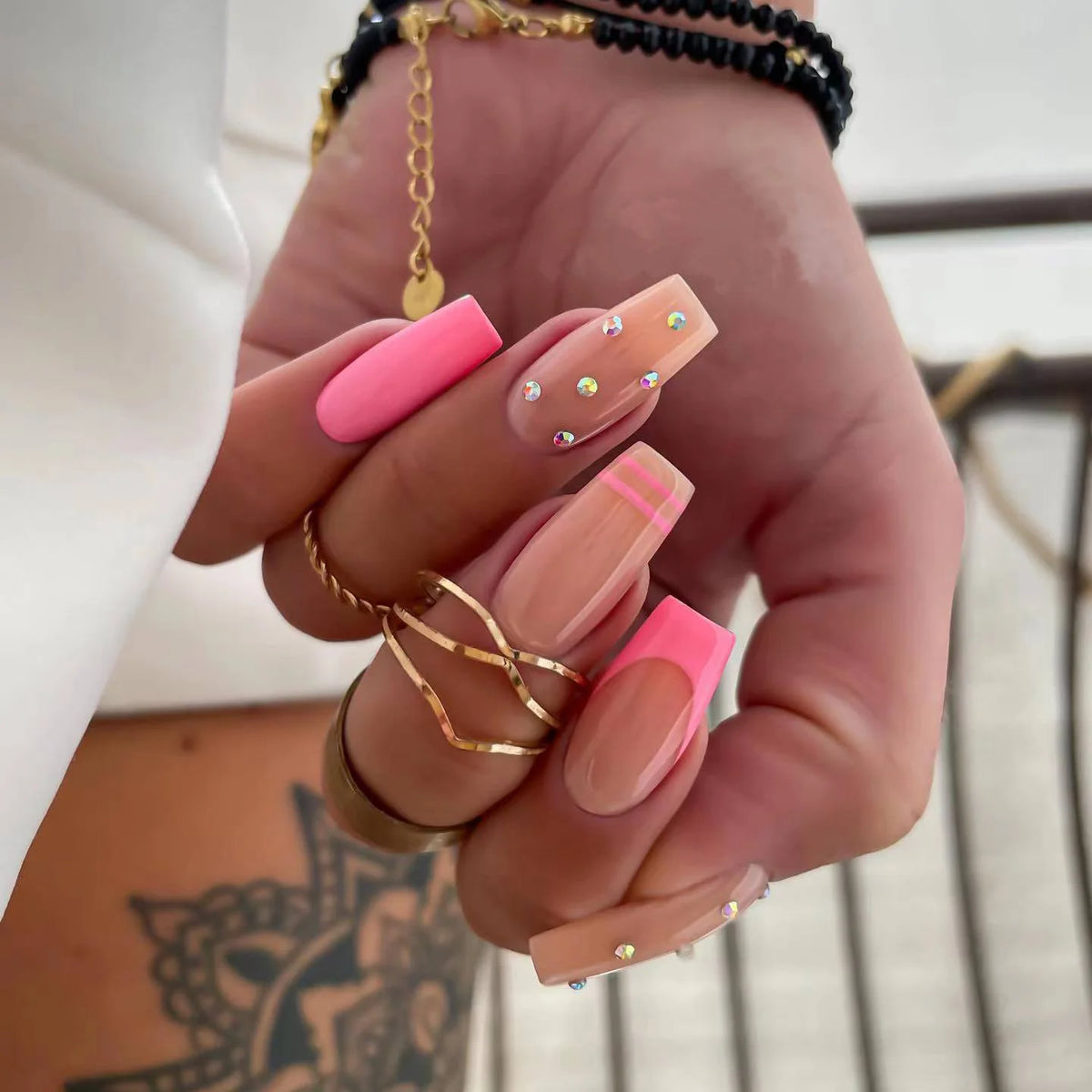 Press-On Nail Set Rhinestone Jelly Finish Easy Apply