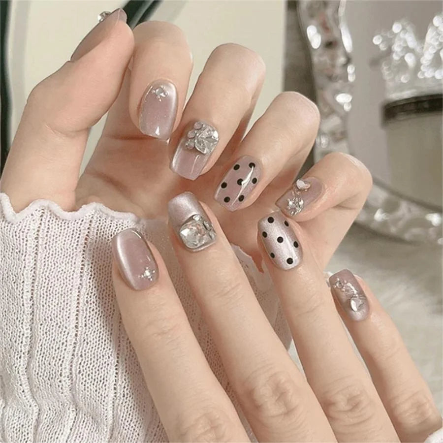 Press-On Nail Set Rhinestone & Metallic No Glue