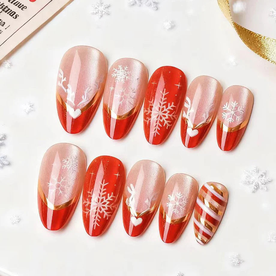 Press-On Nail Set Snowflake & Heart Holiday Designs