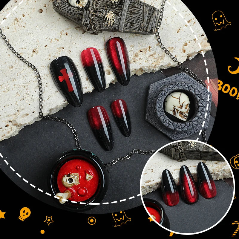 Press-On Nail Set Stiletto Gothic Cross Black & Red