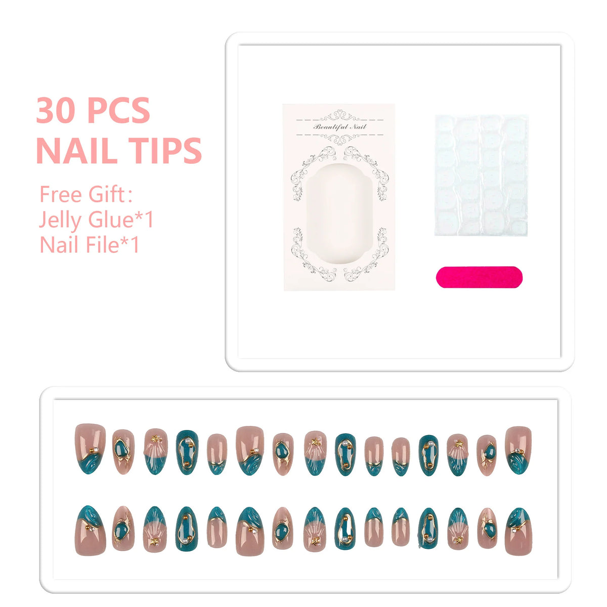 Press-On Nail Tips Gold-Embellished 30-Piece Set