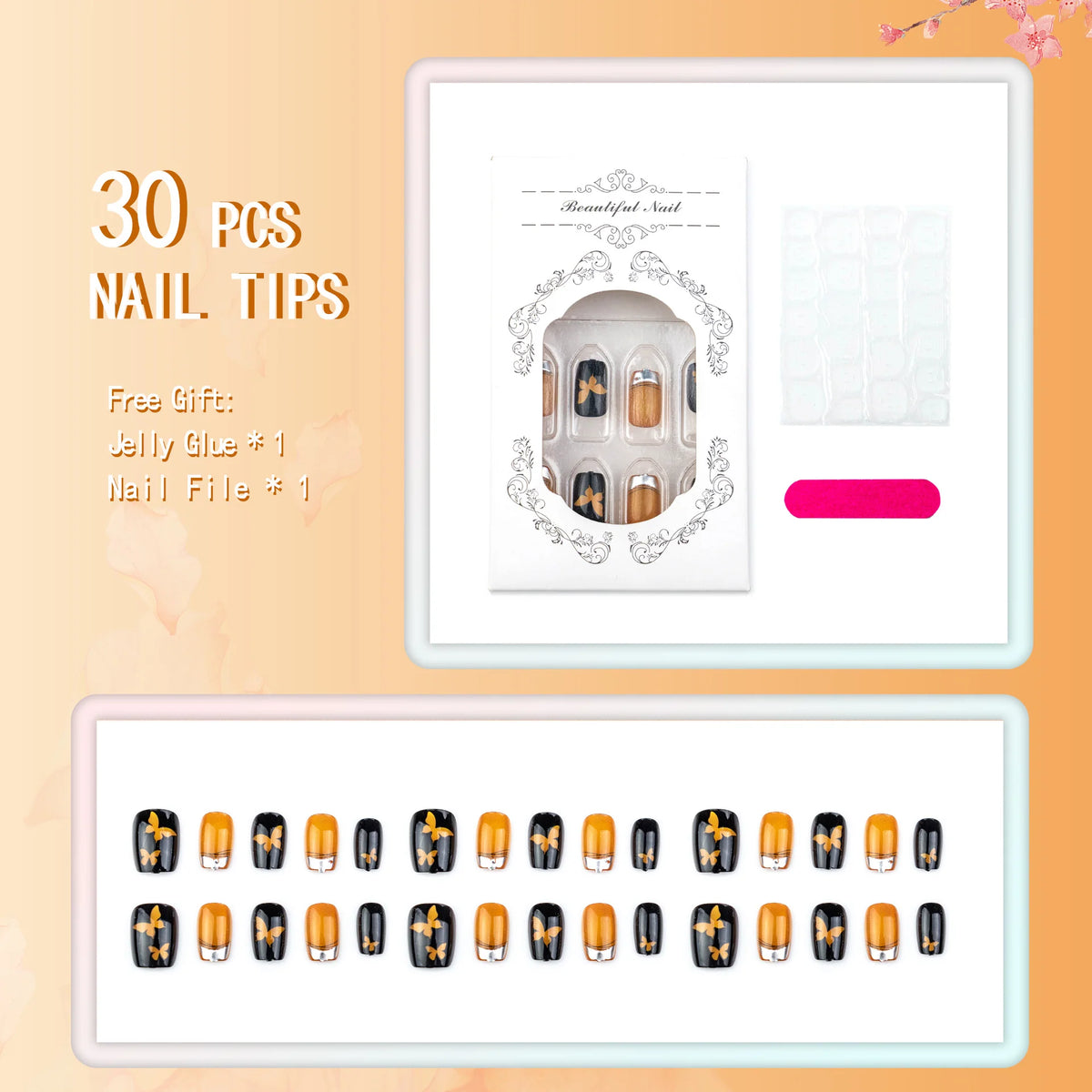 Press-On Nails Butterfly Design Easy Application & Multiple Sizes