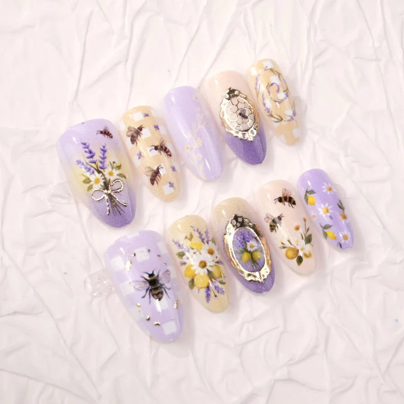 Press-On Nails Floral & Bee Design Easy Application