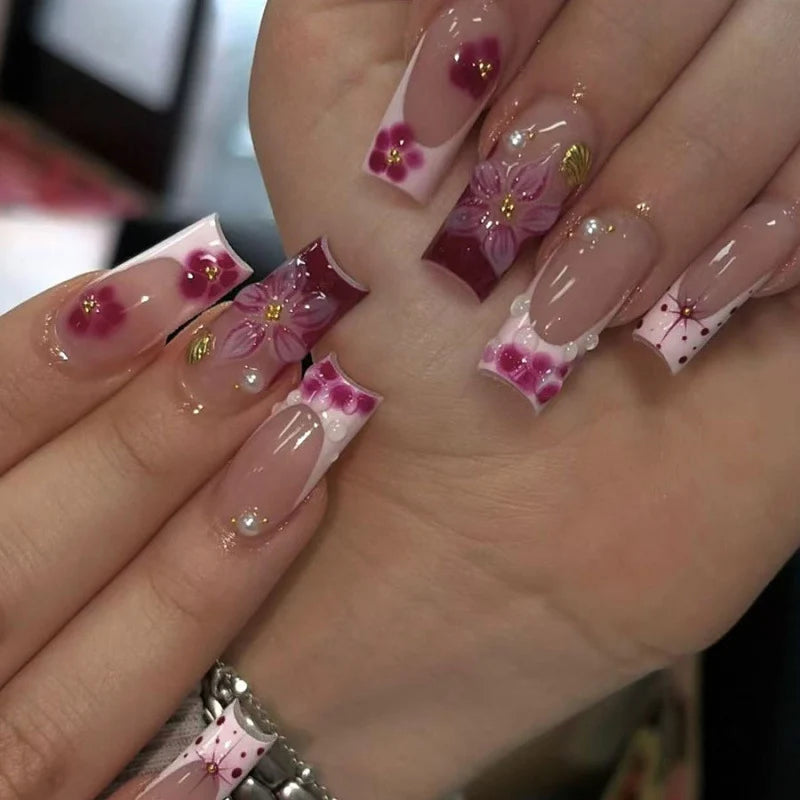 Press-On Nails Floral Design Adhesive Backing