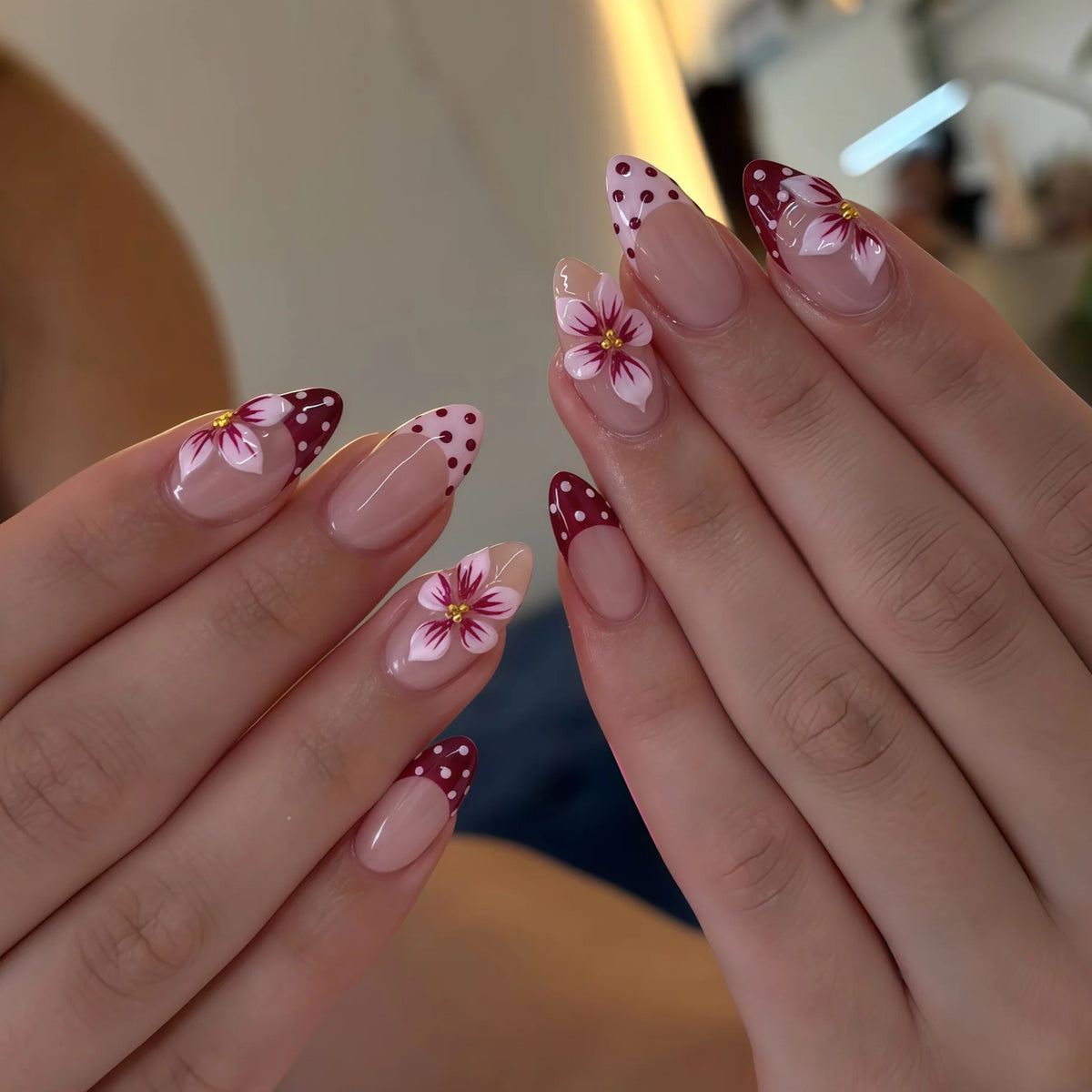 Press-On Nails Floral & Dotted Designs Reusable Multiple Sizes