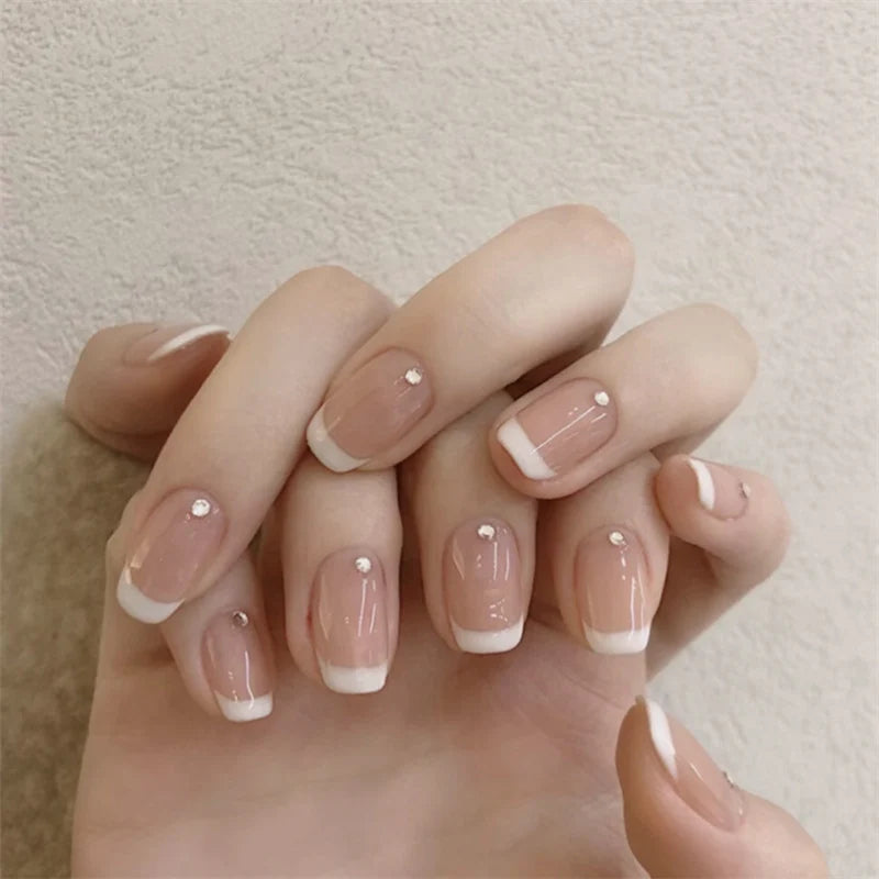Press-On Nails French Tip Rhinestone Glue-On