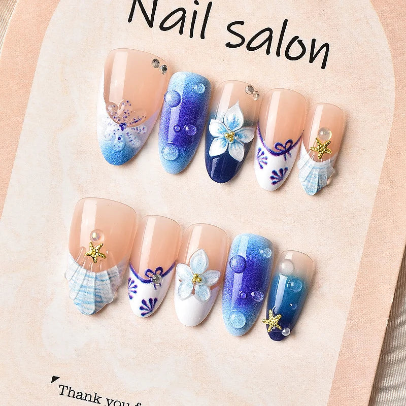 Press-On Nails Ocean-Inspired Reusable Easy Application