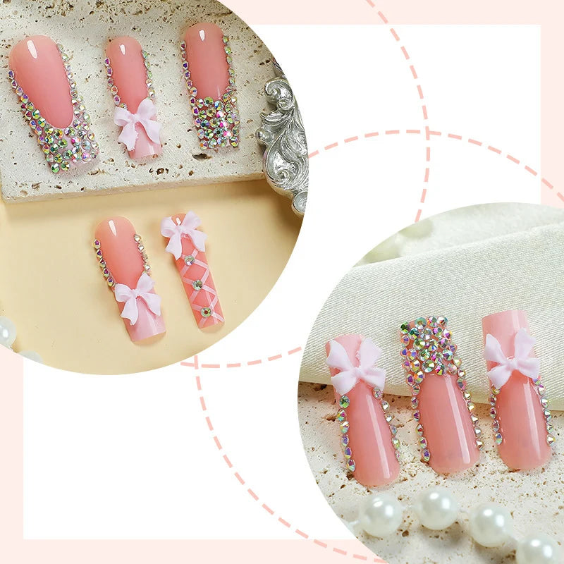 Press-On Nails Rhinestone & Bow Soft Pink Custom Fit