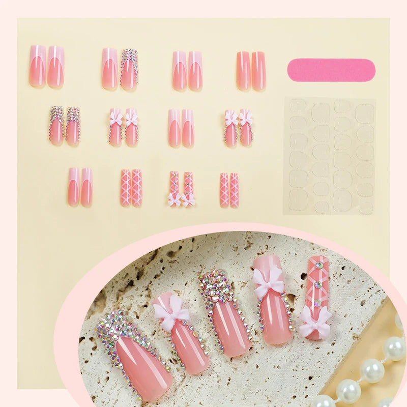 Press-On Nails Rhinestone & Bow Soft Pink Custom Fit