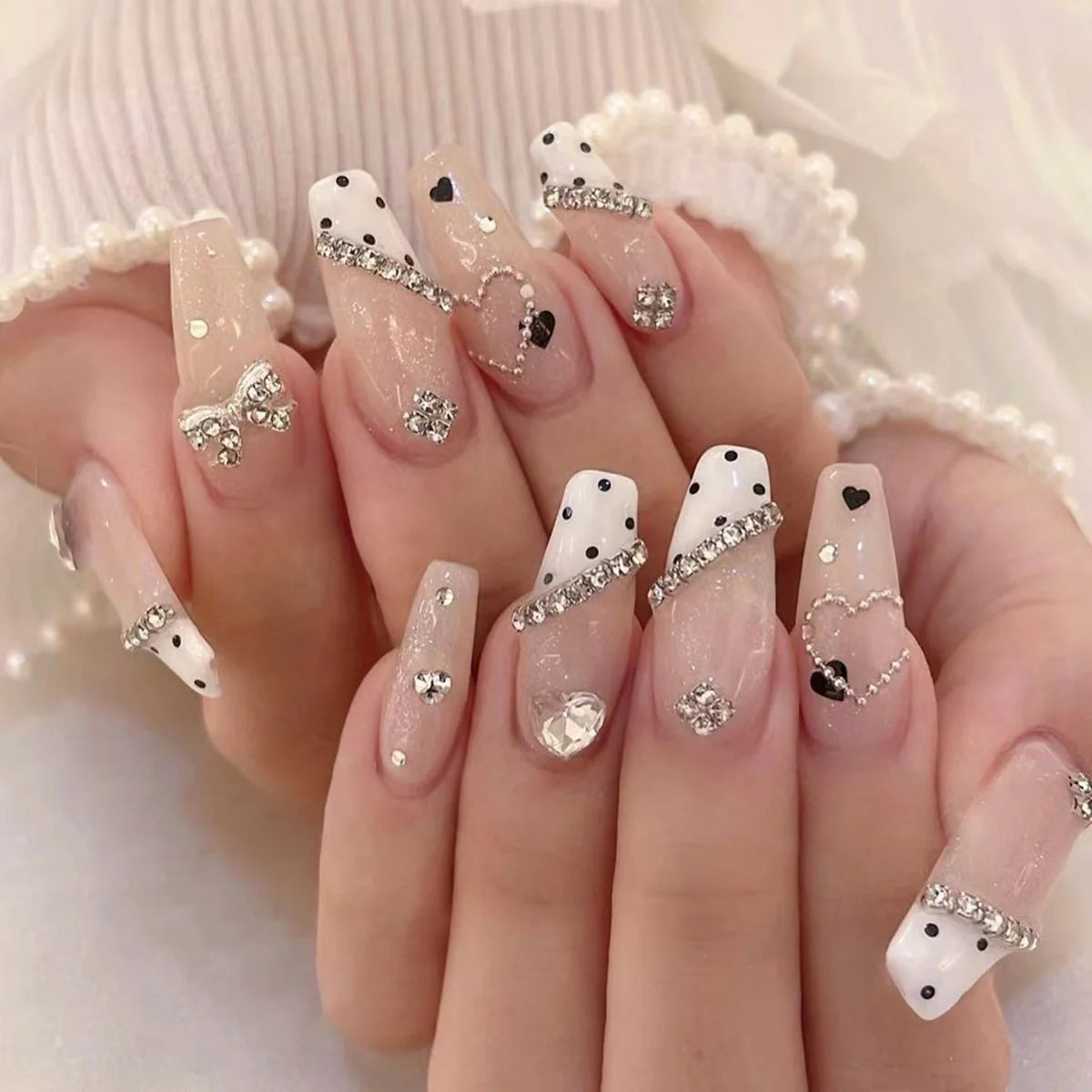Press-On Nails Rhinestone & Heart Motifs Easy Apply
