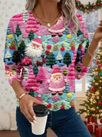 Pullover Sweater Christmas Pattern Scalloped Hem