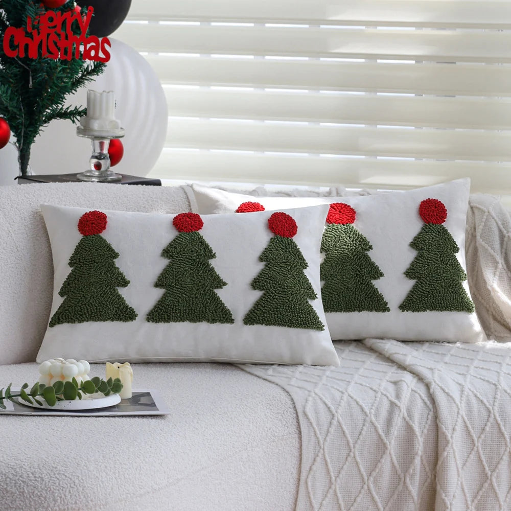 Rectangular Cushion Cover Tufted Christmas Trees Linen-Look 12x20 Inch