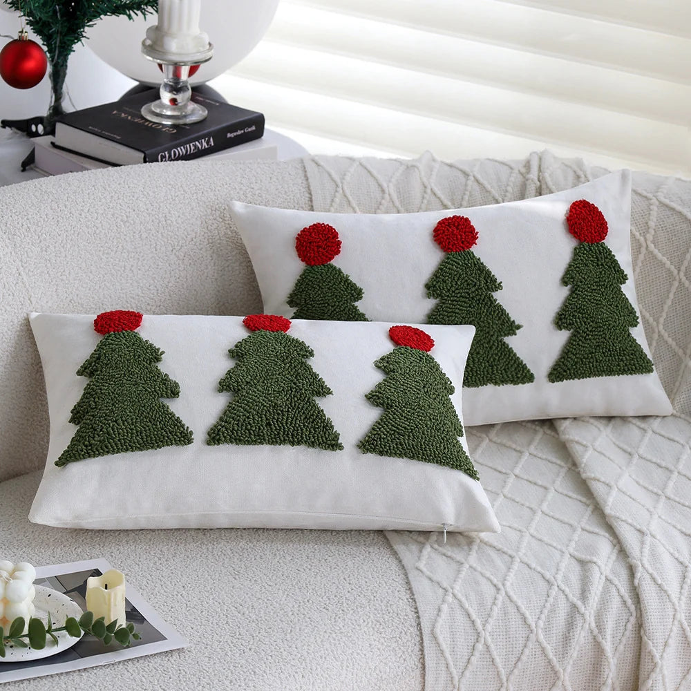 Rectangular Cushion Cover Tufted Christmas Trees Linen-Look 12x20 Inch