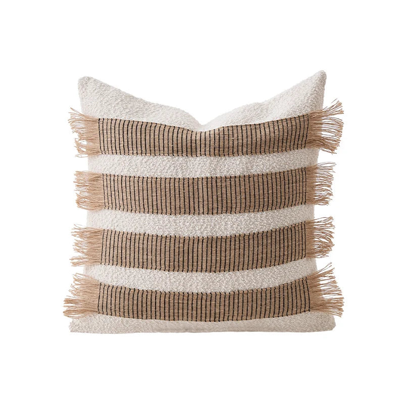 Rectangular Cushion Cover Woven Stripes Fringe Concealed Zipper