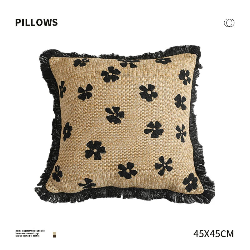 Rectangular Throw Pillow Woven Floral Tuft & Fringe Trim