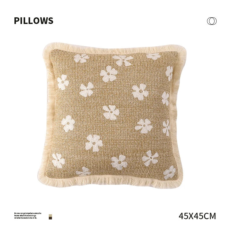 Rectangular Throw Pillow Woven Floral Tuft & Fringe Trim