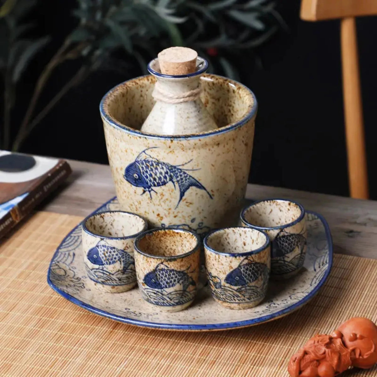 Sake Set Handcrafted Koi Ceramic Drip-Free