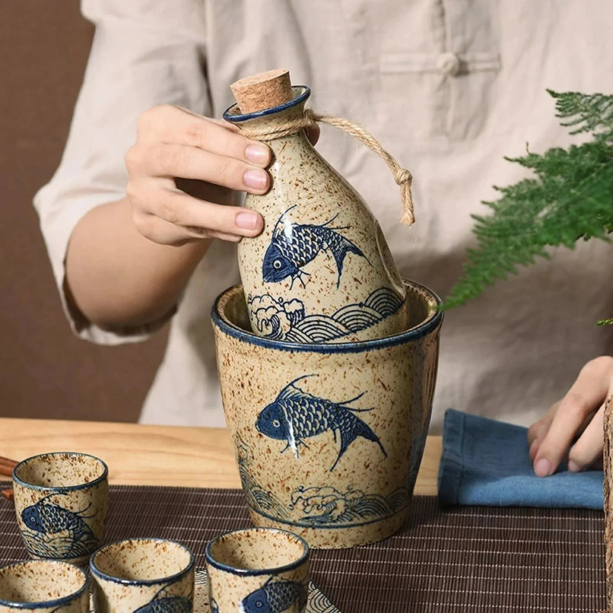 Sake Set Handcrafted Koi Ceramic Drip-Free