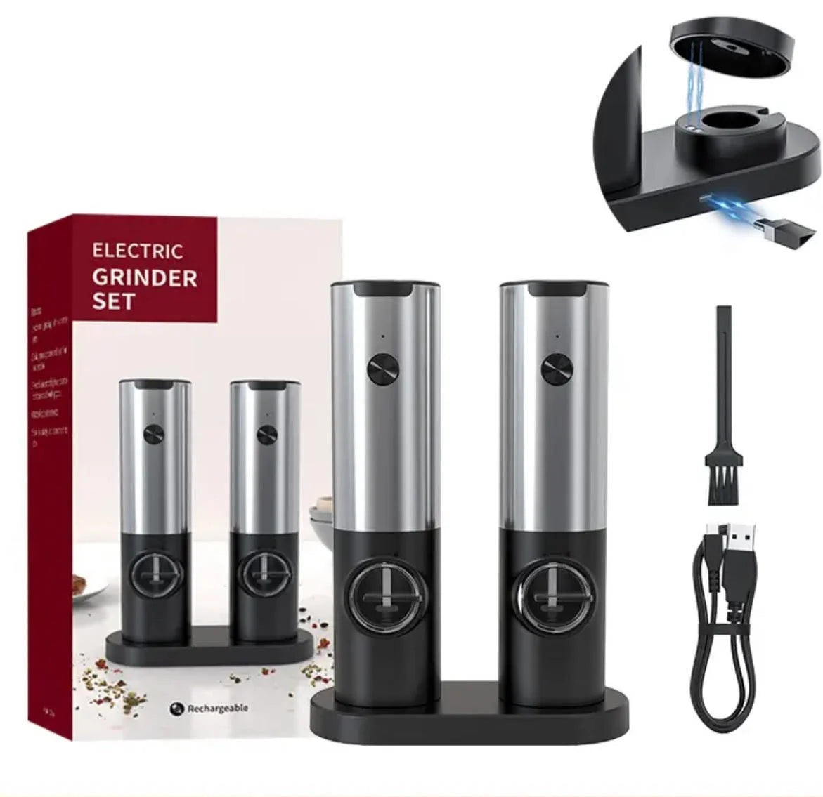 Salt & Pepper Grinder Set USB Rechargeable Adjustable Coarseness
