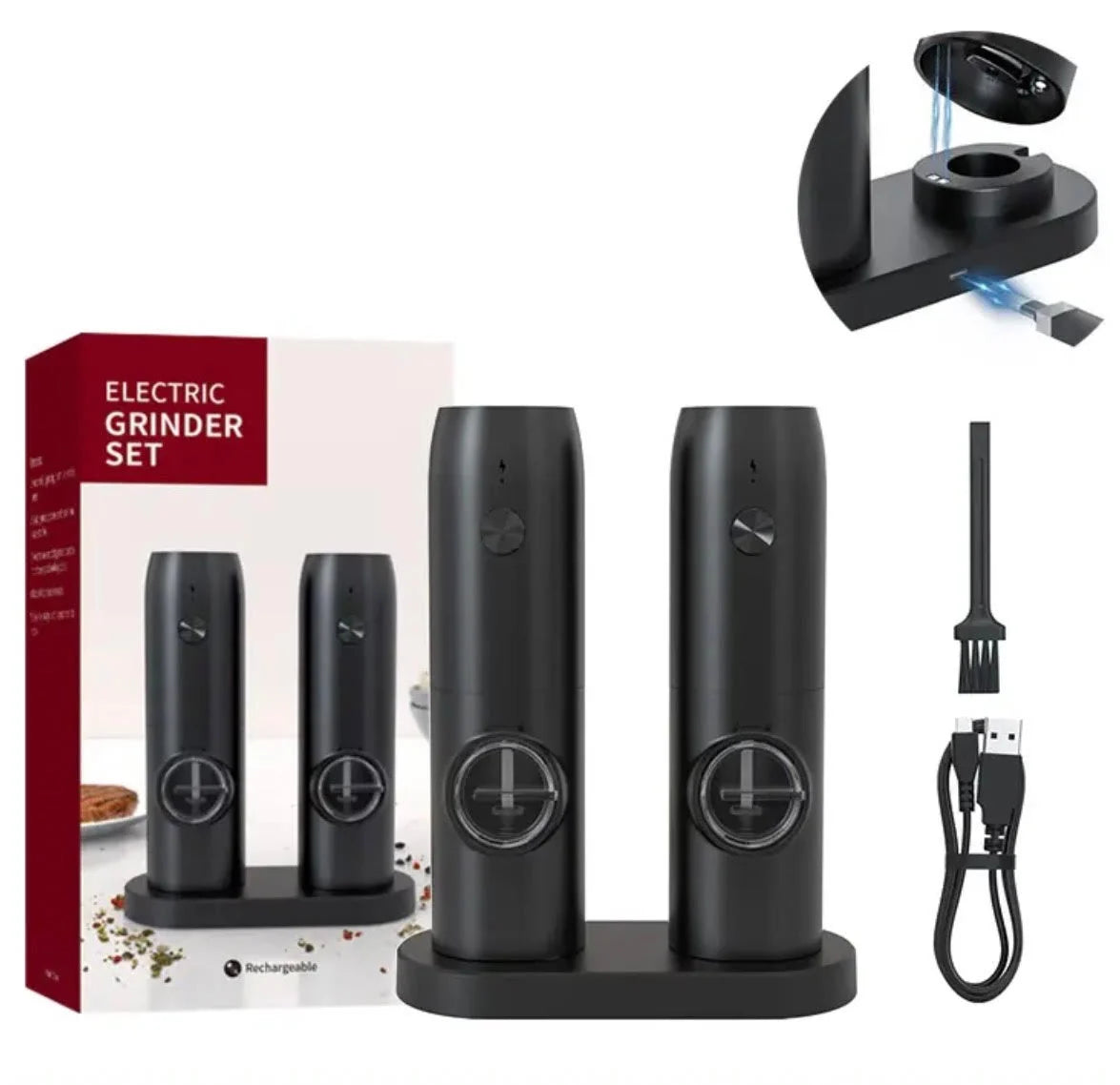 Salt & Pepper Grinder Set USB Rechargeable Adjustable Coarseness