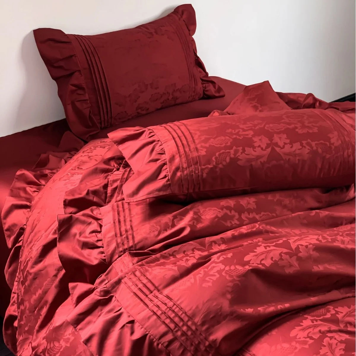 Satin Bedding Set Jacquard Texture & Ruffle Trim