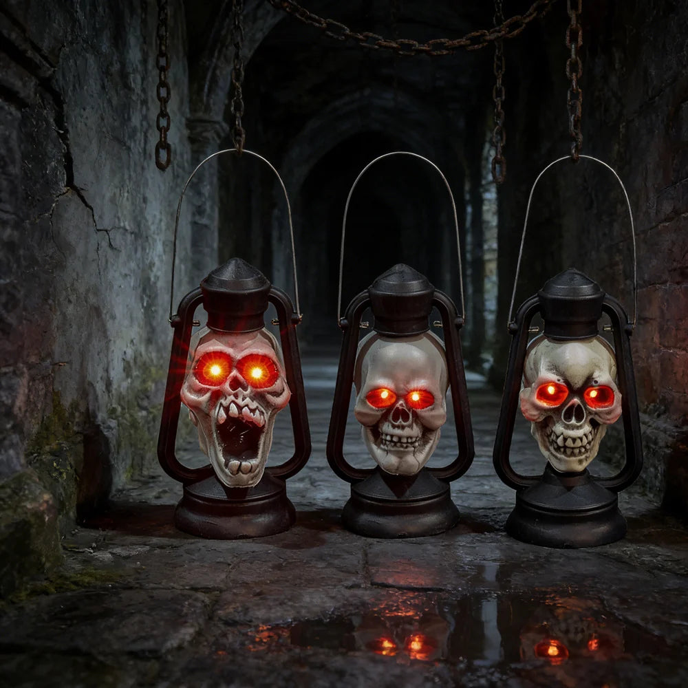 Skull Lantern Red LED Eyes Hanging & Tabletop