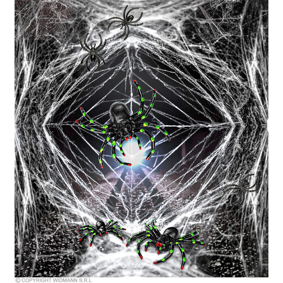 Spider Web Decoration White Net & Large Black Spiders
