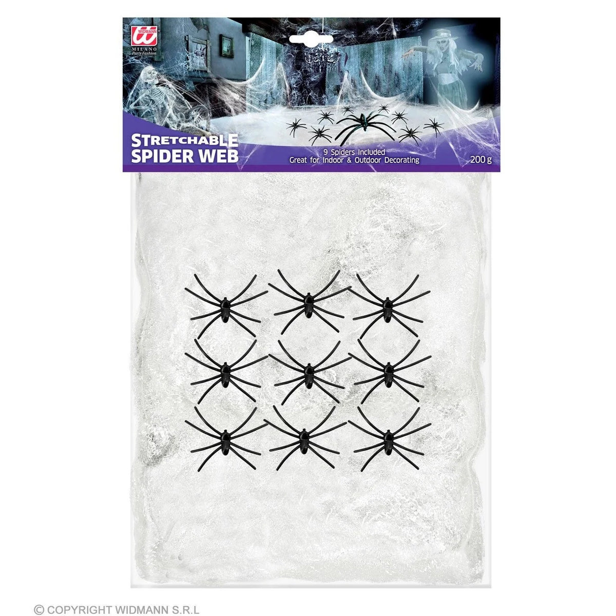 Spider Web Decoration White Netting Includes 9 Spiders