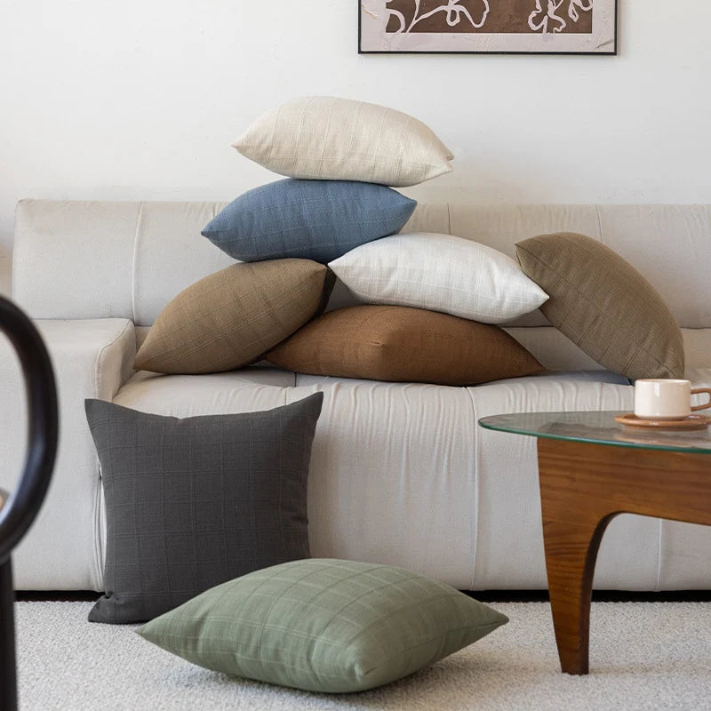 Square Accent Pillow Grid Texture Polyester-Cotton Removable Cover