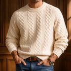 Sweater Cable Knit Cotton Blend Ribbed Crew Neckline