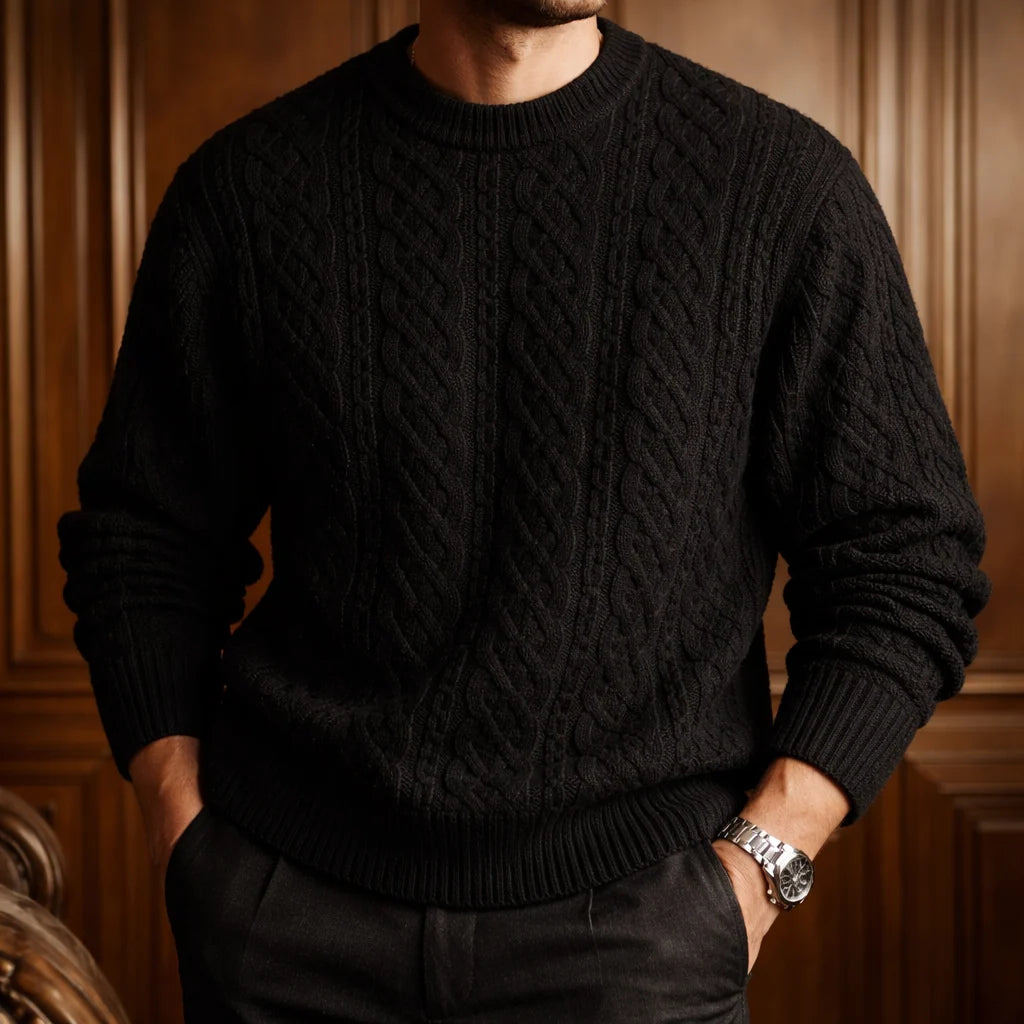 Sweater Cable Knit Cotton Blend Ribbed Crew Neckline