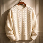 Sweater Cable Knit Cotton Blend Ribbed Crew Neckline