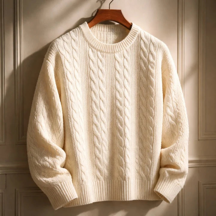 Sweater Cable Knit Cotton Blend Ribbed Crew Neckline
